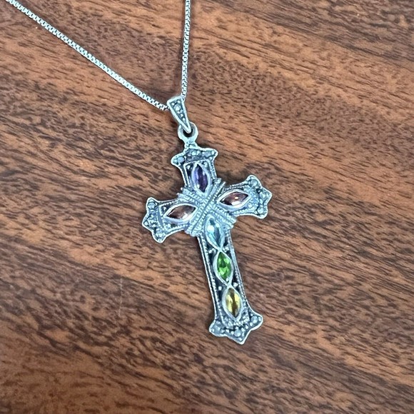 Sterling Silver .925 multi gemstone cross pendant necklace - Picture 11 of 11